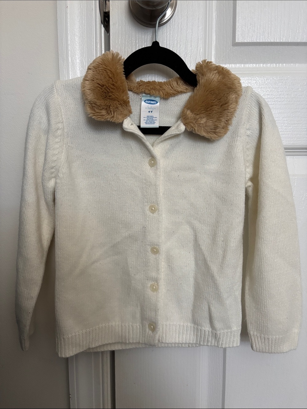 Vintage Old Navy Cream Knit Cardigan with Tan Faux Fur Collar